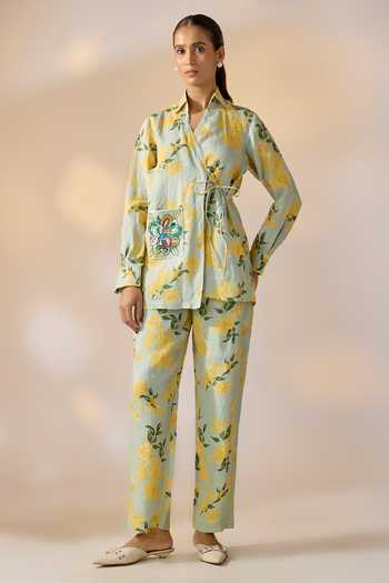 Buy_Ewoke_Multi Color Hemp Mandarin Collar Floral Jacket And Pant Set _at_Aza_Fashions