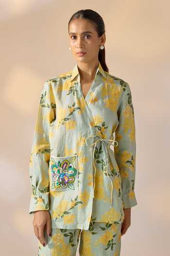 Buy_Ewoke_Multi Color Hemp Mandarin Collar Floral Jacket And Pant Set _Online_at_Aza_Fashions