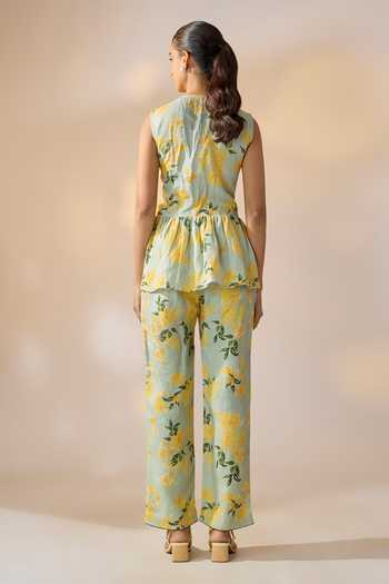 Shop_Ewoke_Multi Color Hemp Pearls V-neck Floral Top And Trouser Set _at_Aza_Fashions