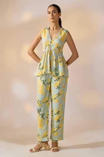 Buy_Ewoke_Multi Color Hemp Pearls V-neck Floral Top And Trouser Set _at_Aza_Fashions