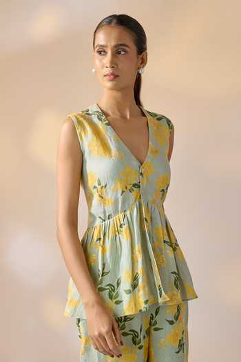 Buy_Ewoke_Multi Color Hemp Pearls V-neck Floral Top And Trouser Set _Online_at_Aza_Fashions