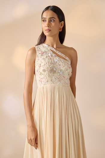 Ewoke_Ivory Georgette Embroidery One Shoulder Hand Dress _Online_at_Aza_Fashions