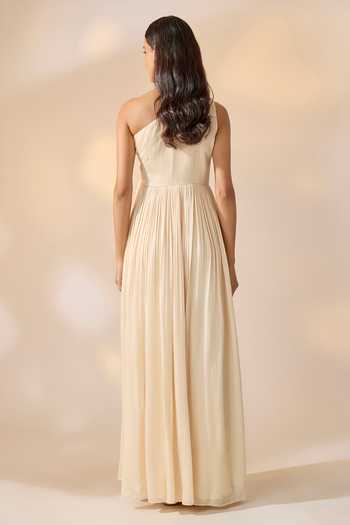 Shop_Ewoke_Ivory Georgette Embroidery One Shoulder Hand Dress _at_Aza_Fashions