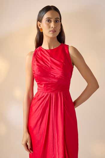 Ewoke_Red Georgette, Satin Round Neck Asymmetric Draped Dress _Online_at_Aza_Fashions