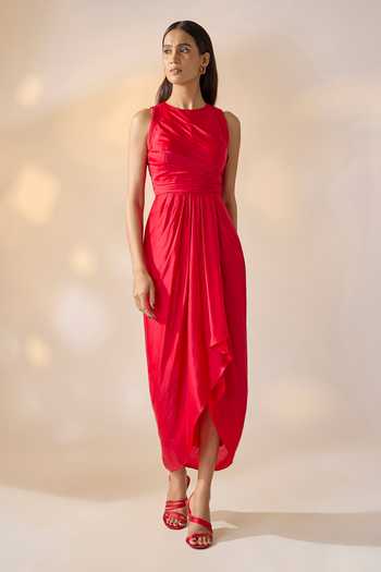 Buy_Ewoke_Red Georgette, Satin Round Neck Asymmetric Draped Dress _at_Aza_Fashions
