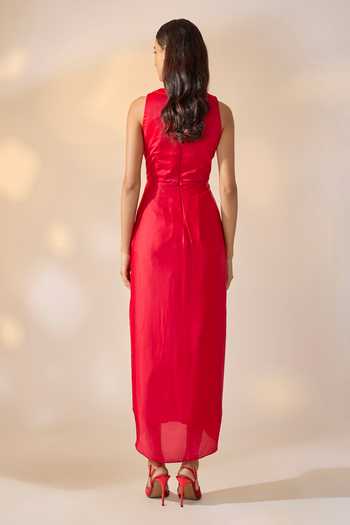 Shop_Ewoke_Red Georgette, Satin Round Neck Asymmetric Draped Dress _at_Aza_Fashions