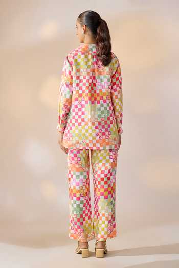 Shop_Ewoke_Multi Color Hemp Mandarin Collar Chequered Jacket And Pant Set _at_Aza_Fashions