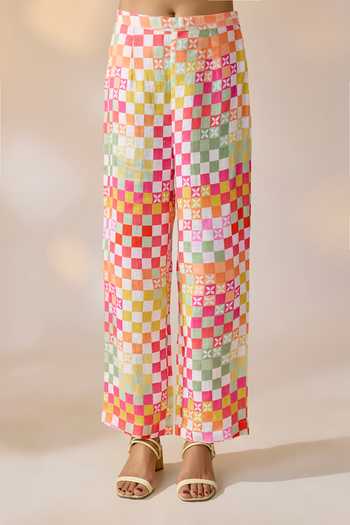Ewoke_Multi Color Hemp Mandarin Collar Chequered Jacket And Pant Set _Online_at_Aza_Fashions
