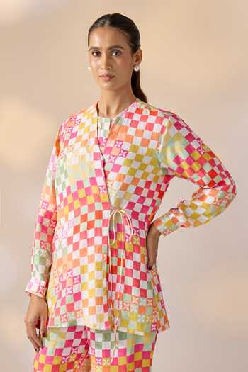 Buy_Ewoke_Multi Color Hemp Mandarin Collar Chequered Jacket And Pant Set _Online_at_Aza_Fashions