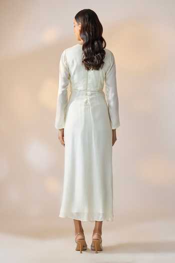 Shop_Ewoke_Ivory Georgette, Satin Sequins, Beads Round Neck Embellished Ruched Maxi Dress _at_Aza_Fashions