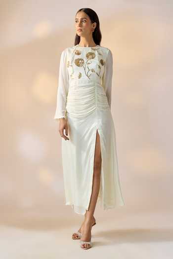 Buy_Ewoke_Ivory Georgette, Satin Sequins, Beads Round Neck Embellished Ruched Maxi Dress _at_Aza_Fashions