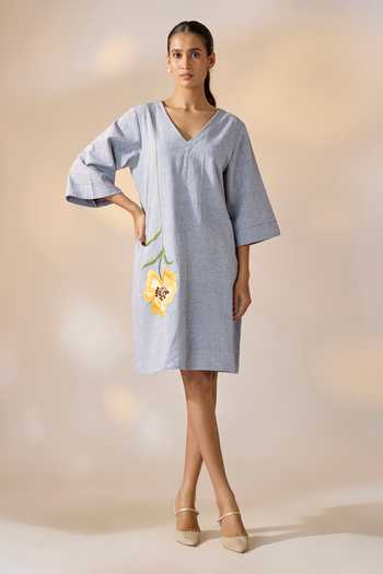 Buy_Ewoke_Blue Hemp Embroidery V-neck Floral Motif Shift Dress _at_Aza_Fashions