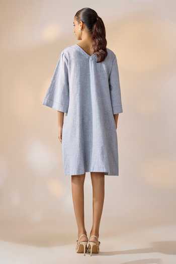 Shop_Ewoke_Blue Hemp Embroidery V-neck Floral Motif Shift Dress _at_Aza_Fashions