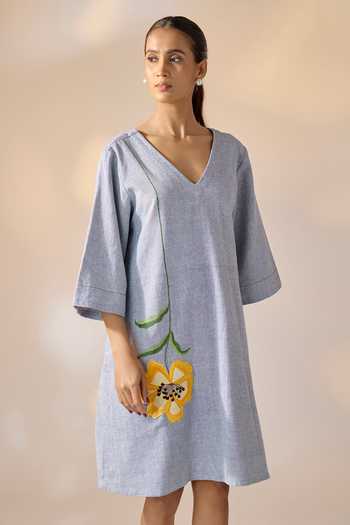 Ewoke_Blue Hemp Embroidery V-neck Floral Motif Shift Dress _Online_at_Aza_Fashions