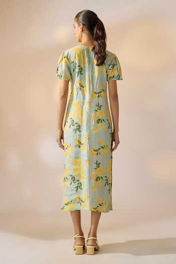Shop_Ewoke_Multi Color Hemp V-neck Floral Print Dress _at_Aza_Fashions