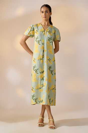 Buy_Ewoke_Multi Color Hemp V-neck Floral Print Dress _at_Aza_Fashions