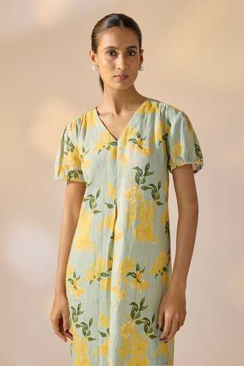 Ewoke_Multi Color Hemp V-neck Floral Print Dress _Online_at_Aza_Fashions