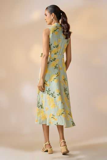 Shop_Ewoke_Multi Color Hemp Embroidery, Applique V-neck, Floral Print Dress And Belt Set _at_Aza_Fashions
