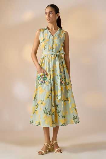 Buy_Ewoke_Multi Color Hemp Embroidery, Applique V-neck, Floral Print Dress And Belt Set _at_Aza_Fashions
