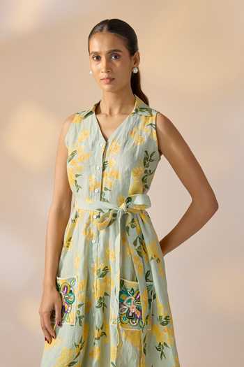 Ewoke_Multi Color Hemp Embroidery, Applique V-neck, Floral Print Dress And Belt Set _Online_at_Aza_Fashions