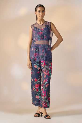 Buy_Ewoke_Multi Color Georgette, Satin Embroidery, Fringe Round Floral Top Trouser Set _at_Aza_Fashions