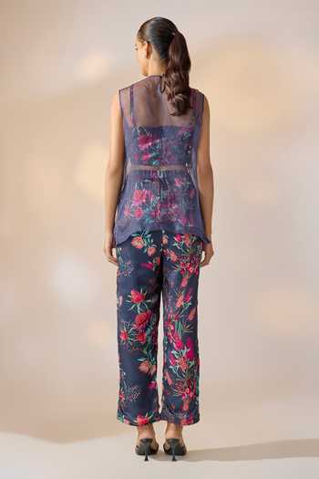 Shop_Ewoke_Multi Color Georgette, Satin Embroidery, Fringe Round Floral Top Trouser Set _at_Aza_Fashions