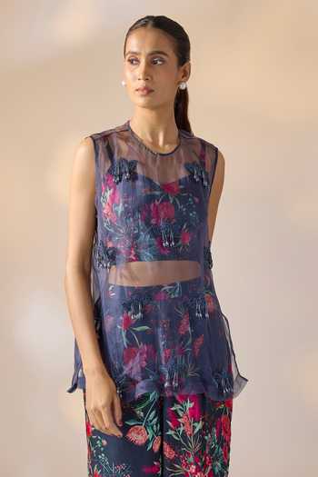 Ewoke_Multi Color Georgette, Satin Embroidery, Fringe Round Floral Top Trouser Set _Online_at_Aza_Fashions