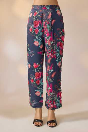 Buy_Ewoke_Multi Color Georgette, Satin Embroidery, Fringe Round Floral Top Trouser Set _Online_at_Aza_Fashions