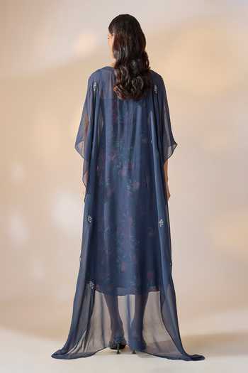 Shop_Ewoke_Multi Color Georgette, Satin Embroidery Round Floral Pattern Dress And Jacket Set _at_Aza_Fashions