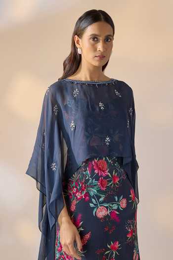 Ewoke_Multi Color Georgette, Satin Embroidery Round Floral Pattern Dress And Jacket Set _Online_at_Aza_Fashions