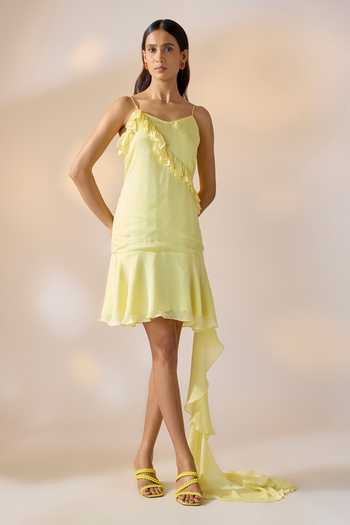 Buy_Ewoke_Yellow Georgette, Satin Ruffles Asymmetric Dress _at_Aza_Fashions