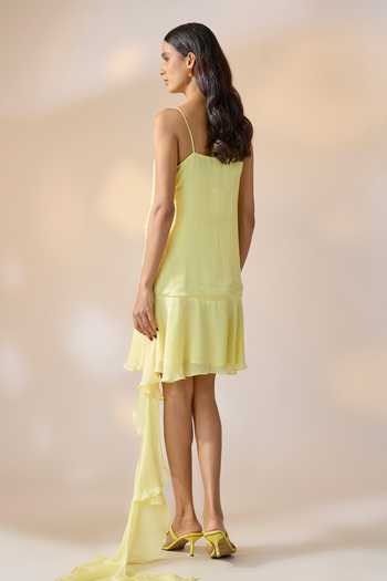 Shop_Ewoke_Yellow Georgette, Satin Ruffles Asymmetric Dress _at_Aza_Fashions