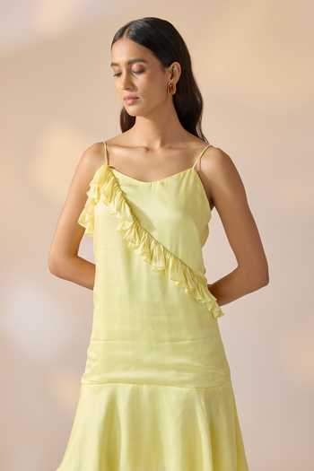 Ewoke_Yellow Georgette, Satin Ruffles Asymmetric Dress _Online_at_Aza_Fashions