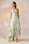 Buy_Ewoke_Multi Color Satin, Chiffon Floral Layered Ruffle Dress _at_Aza_Fashions