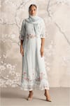 Buy_Kaveri_Blue Linen Embroidery, Pearls, Tassels, Lace Rosette Bed Of Roses Dress _at_Aza_Fashions