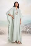 Buy_Kaveri_Green Linen Embroidery Flute Pipes Placement Kaftan _at_Aza_Fashions