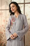 Kaveri_Grey Linen Thread Embroidery Flute Pipes Abaya And Dress Set _Online_at_Aza_Fashions