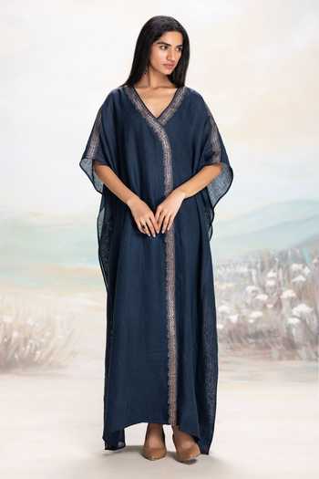Buy_Kaveri_Blue Linen Studs V-neck Starlight Kaftan _at_Aza_Fashions