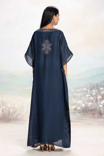 Shop_Kaveri_Blue Linen Studs V-neck Starlight Kaftan _at_Aza_Fashions