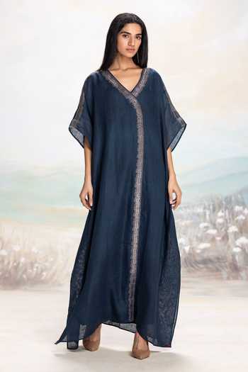 Kaveri_Blue Linen Studs V-neck Starlight Kaftan _Online_at_Aza_Fashions