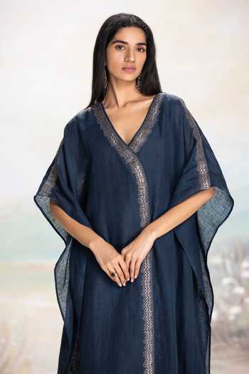 Buy_Kaveri_Blue Linen Studs V-neck Starlight Kaftan _Online_at_Aza_Fashions