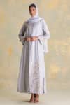 Buy_Kaveri_Grey Linen Embroidery, Zari Golden Grace Dress And Abaya Set _at_Aza_Fashions