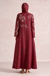 Shop_Kaveri_Wine Linen Embroidery, Cut Work, Lace Bloomscape Dress With Abaya _at_Aza_Fashions