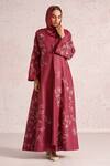 Buy_Kaveri_Wine Linen Embroidery, Cut Work, Lace Bloomscape Dress With Abaya _at_Aza_Fashions