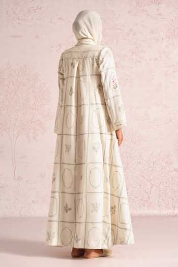 Shop_Kaveri_White Linen Embroidery High Neck, Shawl Neck, Garden Gallery Abaya And Dress Set _at_Aza_Fashions