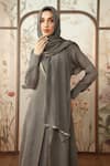 Kaveri_Grey Linen Foil Printing Gilded Edge Aybaya And Dress Set _Online_at_Aza_Fashions