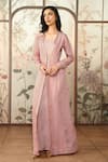 Kaveri_Pink Linen Foil Printing Gilded Edge Abaya And Dress Set _Online_at_Aza_Fashions