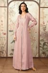 Buy_Kaveri_Pink Linen Foil Printing Gilded Edge Abaya And Dress Set _at_Aza_Fashions