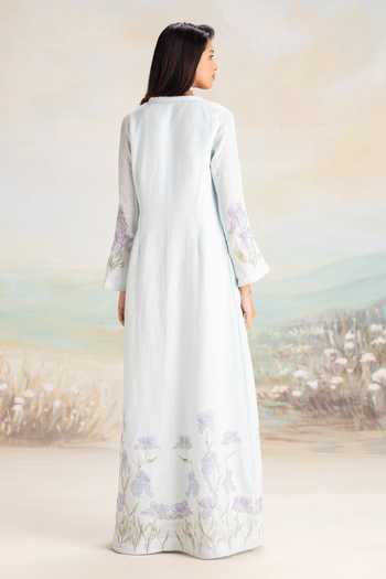 Shop_Kaveri_Blue Linen Mandarin Collar, Yes Iris Tint Abaya And Dress Set _at_Aza_Fashions