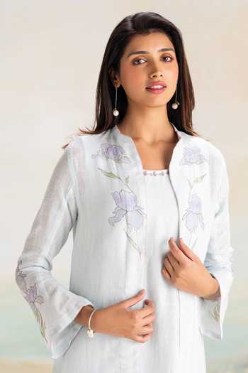 Kaveri_Blue Linen Mandarin Collar, Yes Iris Tint Abaya And Dress Set _Online_at_Aza_Fashions